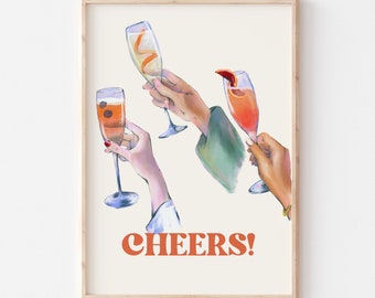 Retro Cheers Cocktail Print, Aesthetic Bar Cart Decor (Digital Download)