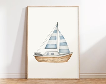 Impresión de velero en acuarela: Arte infantil costero (Descarga digital)