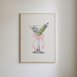 Różowy kokardka Martini Print, Dekoracja pokoju Coquette, Dziewczęca sztuka ścienna na wózek barowy, Retro koktajlowa sztuka do druku, Miękka estetyka dziewczyny, CYFROWE POBIERANIE
