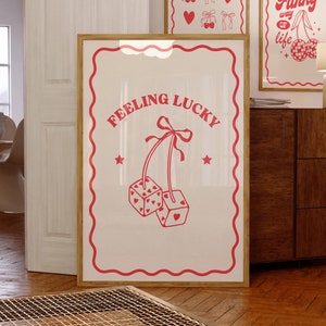 Feeling Lucky Print, Trendige Retro Wandkunst, Preppy Wohnheim Dekor, College Wohnung, Kirsche Print, Funky druckbare Wandkunst, DIGITAL DOWNLOAD