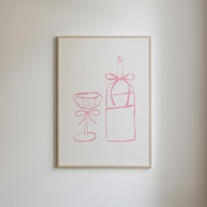 Coquette roze strik, schattige keukenprints, balletcore kunst aan de muur, preppy barwagen print, trendy bar cart decor, girly prints, digitale download