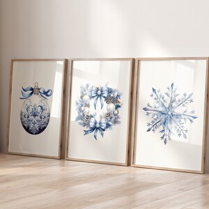 Set of 3 Blue Christmas Prints, Navy Blue Christmas Decorations, Xmas Printable Art, Pastel Christmas Decor, Blue Christmas Wreath Print