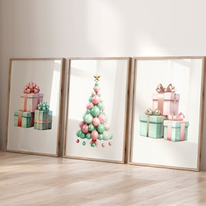 Retro Pink Christmas Set of 3 Prints, Pastel Christmas Printable Wall Art, Trendy Pink Christmas Print, Cute Holiday Wall Decoration Digital