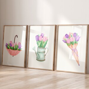 Set of 3 Spring Tulip Prints, Watercolor Tulip Print, Floral Spring Wall Art, Spring Printable Wall Art, Cute Pink Girly Spring Wall Decor