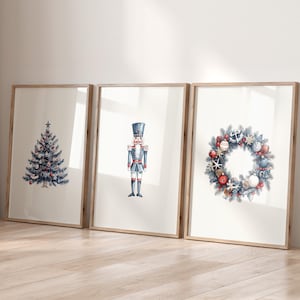 Blå kustnära jultryck set om 3, havsjuldekor, nautisk juldekor, festlig strandjul utskrivbar konst, digital nedladdning