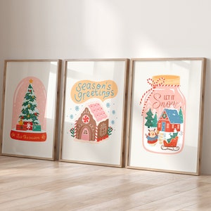 Conjunto de 3 pôsteres natalinos femininos, decoração natalina em tons pastel, Natal rosa delicado, arte natalina moderna para imprimir, inverno aconchegante.