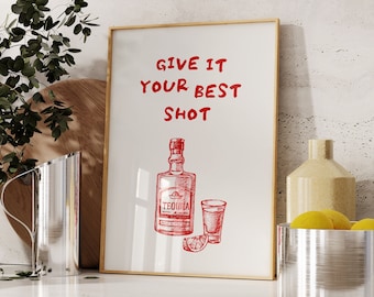 Tequila Bar Cart Art Print, Retro Tequila Shot Poster (Digital Download)