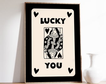Trendy Queen of Hearts Print, Retro Playing Card Poster, Trendy Retro Wall Art, Retro Aesthetic Print, Funky Prints, Lucky You Wall Art