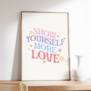 Impressões de citações de amor próprio, mostre-se mais amor, impressão de afirmações de amor próprio, arte de parede imprimível na moda, pôster estético retrô funky