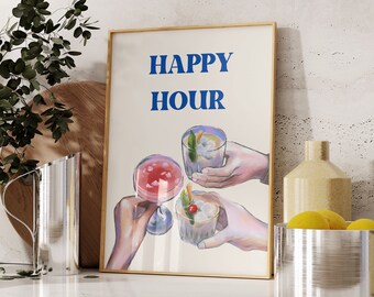 Happy Hour Kunstdruck, Barwagen Wandkunst, Retro Cocktail Poster, ästhetische Barwagen Dekor, Barwagen Druck, trendige druckbare Essen & Trinken Kunst