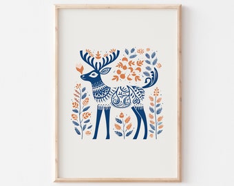 Könnte beinhalten: Ein gerahmter Druck eines stilisierten Hirsches in Blau und Orange mit Geweih, umgeben von floralen Designs.