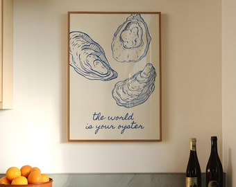 The World Is Your Oyster Print, Retro Oysters Poster, Blue Kitchen Wall Art, Restaurant Art Print, Dinner Party Art, DIGITAL DOWNLOAD