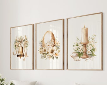 Set di 3 stampe pasquali classiche, decorazioni pasquali neutre, stampe pasquali beige minimaliste, arte murale stampabile pasquale, stampa artistica pasquale ad acquerello