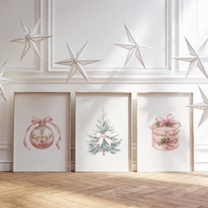 Vintage Pink Christmas Prints Set of 3, Christmas Printables, Pink Xmas Decor, Cozy Winter Decor, Pastel Christmas Art, DIGITAL DOWNLOAD