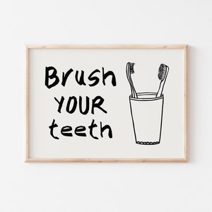 Brush Your Teeth Poster, Trendy Bathroom Prints, Cute Bath Art, Retro Bathroom, Girly Bathroom Print, Funky Bathroom Decor, DIGITAL DOWNLOAD