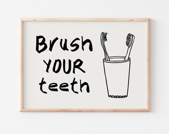Póster Cepíllate los dientes, impresiones de moda para el baño, arte lindo para el baño, baño retro, impresión de baño femenino, decoración de baño divertida, DESCARGA DIGITAL