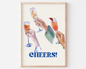 Retro Bar Cart Print, Cheers Print, Bar Cart Decor, Aesthetic Kitchen Decor, Bar Cart Wall Art, Trendy Printable Wall Art, Cheers Poster