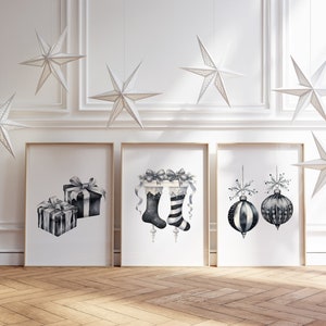 Black White Christmas Prints Set of 3, Black and White Christmas Decor, Minimalist Christmas Printables, Modern Christmas Decor, Silver Xmas