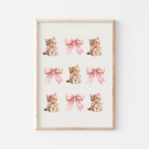 Pink Coquette Decor, Kitten with Bow, Pink Bow Prints, Soft Girl Aesthetic Printable Art, Girly Wall Art, Preppy Prints, Coquette Cat Print
