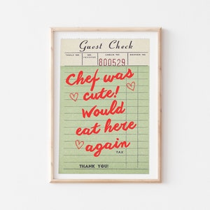 Chef Was Cute Print, Guest Check Print, Trendy Kitchen Decor, Bar Cart Print, Retro Guest Check Wall Art, Funky Kitchen Wall Decoration
