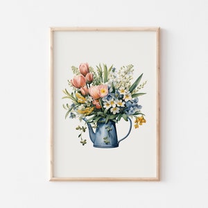 Flowers in a Pot, Watercolor Flower Print, Spring Printable Wall Art, Floral Wall Art, Spring Decor, Wildflower Painting, Flower Bouquet Art