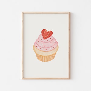 Trendy Pink Valentines Day Kitchen Printable Wall Art, Cupcake Watercolour Painting, Pastel Love Print, Cute Minimalist Valentines Day Decor image 1
