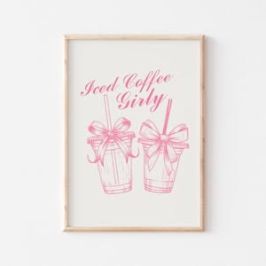 Decoración de coqueta rosa, impresión femenina de café helado, impresiones de lazo rosa, arte imprimible para amantes del café, arte mural femenino, impresiones preppy, estética coqueta