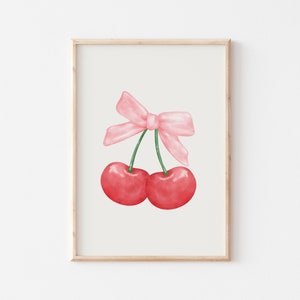 Impresión de cereza con lazo rosa, arte de pared estético de coqueta, póster femenino rojo y rosa, decoración de coqueta rosa, descarga digital estética de chica suave