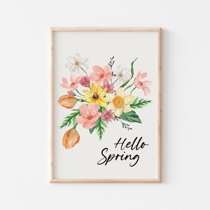 Hello Spring Print, Watercolor Flowers Print, Spring Printable Wall Art, Floral Wall Art, Spring Decor, Wildflower Painting, Flower Bouquet