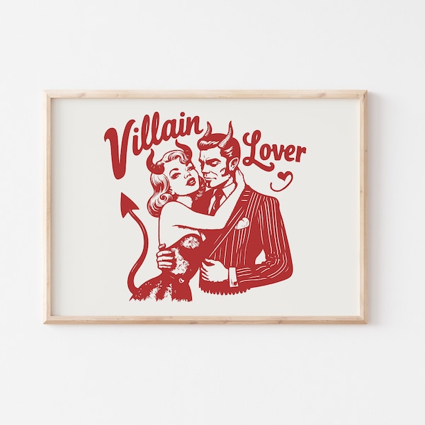 Villain Lover Print, Trendy Vintage Bookish Print, Book Lover Wall Art, Funny Reading Quote Print, Retro Bookish Girly Bookworm DIGITAL Art