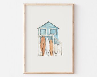 Arte imprimible de verano, impresión de arte mural playero azul, arte mural oceánico, imprimible de surf, impresión de tabla de surf, decoración de casa de playa, descarga digital