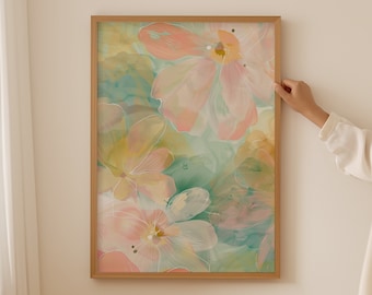 Helle abstrakte Blumen botanische Druck, abstrakte Blumenwandkunst, moderne rosa und grüne Drucke, Blumenmarkt-Druck, buntes Blumenplakat