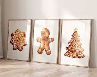 Set of 3 Large Christmas Gingerbread Prints, Xmas Printable Decor, Christmas Sweets, Christmas Wall Decorations, Gingerbread Man Art Print