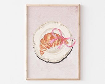 Pink Bow Croissant Art, Pink Coquette Wall Art, Pastel Soft Girl Aesthetic Apartment Print, Trendy French Granddaughter Art, Coquette Decor