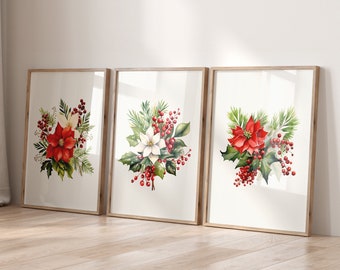 Set of 3 Watercolor Christmas Poinsettia Prints, Winter Flowers Wall Art, Christmas Botanical Wall Art, Red Christmas Decor, Vintage Holiday