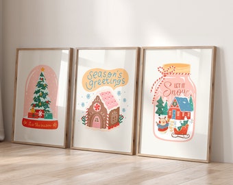 Girly Christmas Print, Set of 3 Christmas Prints, Pastel Christmas Decor, Cute Pink Christmas, Trendy Christmas Printable Art, Cozy Winter