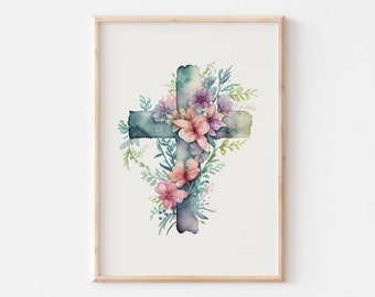 Christian Easter Decor, He is Risen Easter Print, Christian Crucifix Cross Art, Pastel Watercolor Easter Printables, Easter Cross Painting