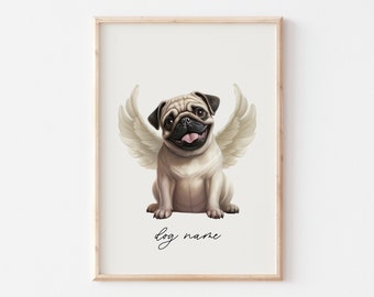 Pug Dog Memorial Rainbow Bridge Print, Pet Loss Memorial Portrait, Angel Dog Print, Pet Loss Sympathy Gift, Custom Pug Dog Memorial Gift