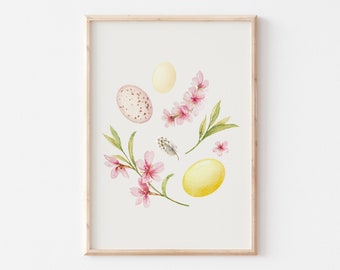 Rustikaler Oster-Druck, minimalistische druckbare Kunst, Aquarell Osterei, Neutrale Osterdekoration, Blumen-Ostern-Digitaldruck