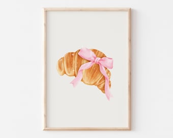 Croissant with Bow, Pink Coquette Wall Art, Pastel Soft Girl Aesthetic Apartment Prints, Trendy French Granddaughter Art, Coquette Decor