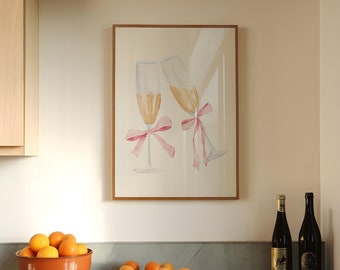 Pink Bow Champagne Glass, Coquette Art, Balletcore Wall Art, Bar Cart Print, Trendy Bar Cart Decor, Preppy Champagne Print, DIGITAL DOWNLOAD