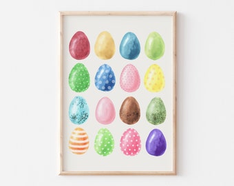 Colorful Easter Eggs Print, Sprint Easter Printable Wall Art, Watercolor Easter Painting, Easter Nursery Decor, Modern Easter Art Print