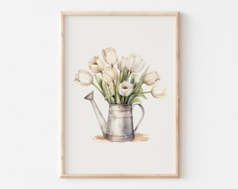 White Tulips Print, Watercolor Flowers Print, Spring Printable Wall Art, Floral Wall Art, Minimalist Spring Wall Decor, White Tulip Painting