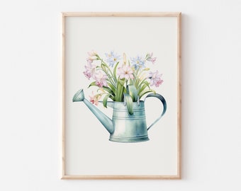Impresión de acuarela: Ramo de flores silvestres con regadera (descarga digital)
