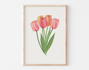 Watercolor Tulip Print, Spring Flowers Print, Spring Printable Wall Art, Floral Wall Art, Girly Spring Decor, Pink Tulips Bouquet Painting
