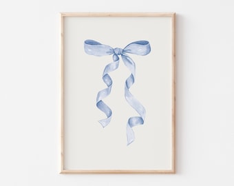 May include: A watercolor illustration of a blue ribbon tied in a bow with the ends of the ribbon trailing down.