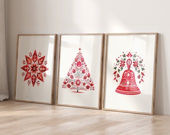 Scandinavian Folk Art Christmas Print, Trendy Christmas Wall Art, Nordic Christmas Decor, Set of 3 Christmas Print, Red Christmas Prints