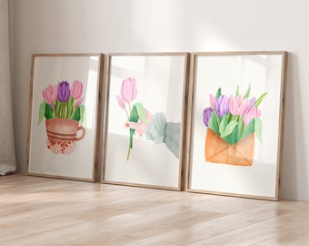 Conjunto de 3 estampados de tulipanes de primavera, estampado de tulipanes de acuarela, estampado de flores de primavera, arte de pared imprimible de primavera, arte floral de la pared, decoración de primavera femenina