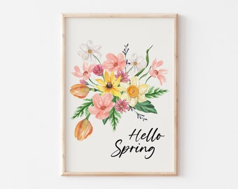 Hello Spring Print, Watercolor Flowers Print, Spring Printable Wall Art, Floral Wall Art, Spring Decor, Wildflower Painting, Flower Bouquet
