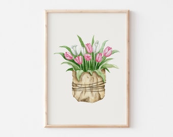 White and Pink Tulips Bouquet Print, Watercolor Flowers Print, Spring Printable Wall Art, Floral Wall Art, Cute Spring Decor, Tulip Painting
